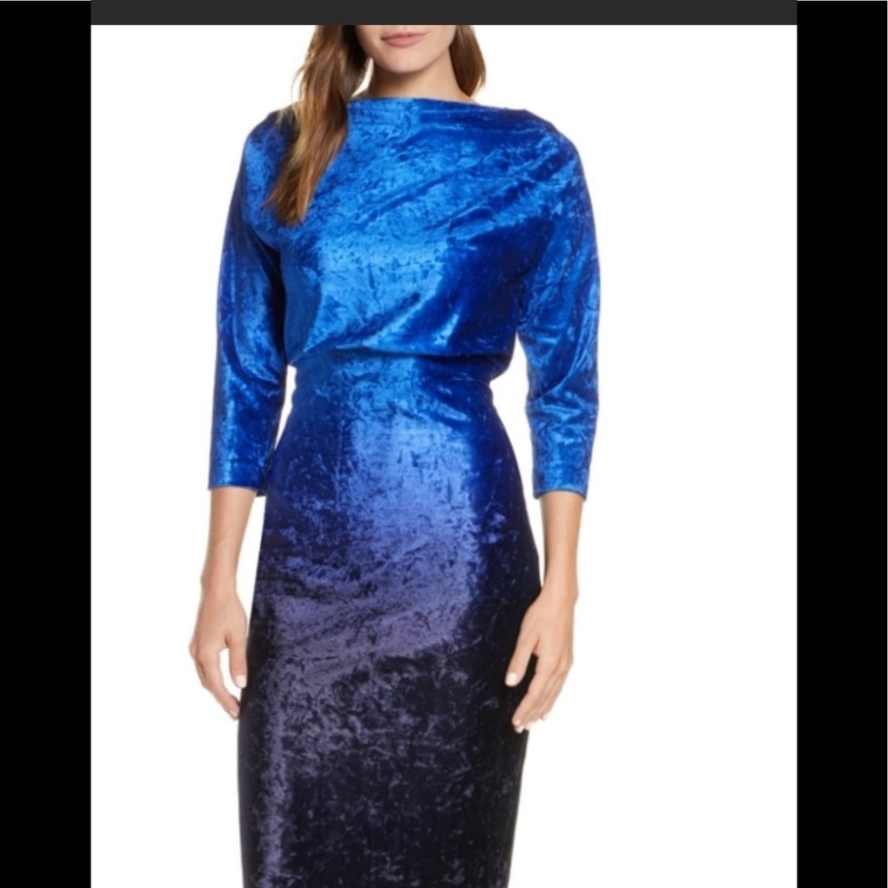 Badgley Mischka Blouson Blue Velvet Ombre Dress 16